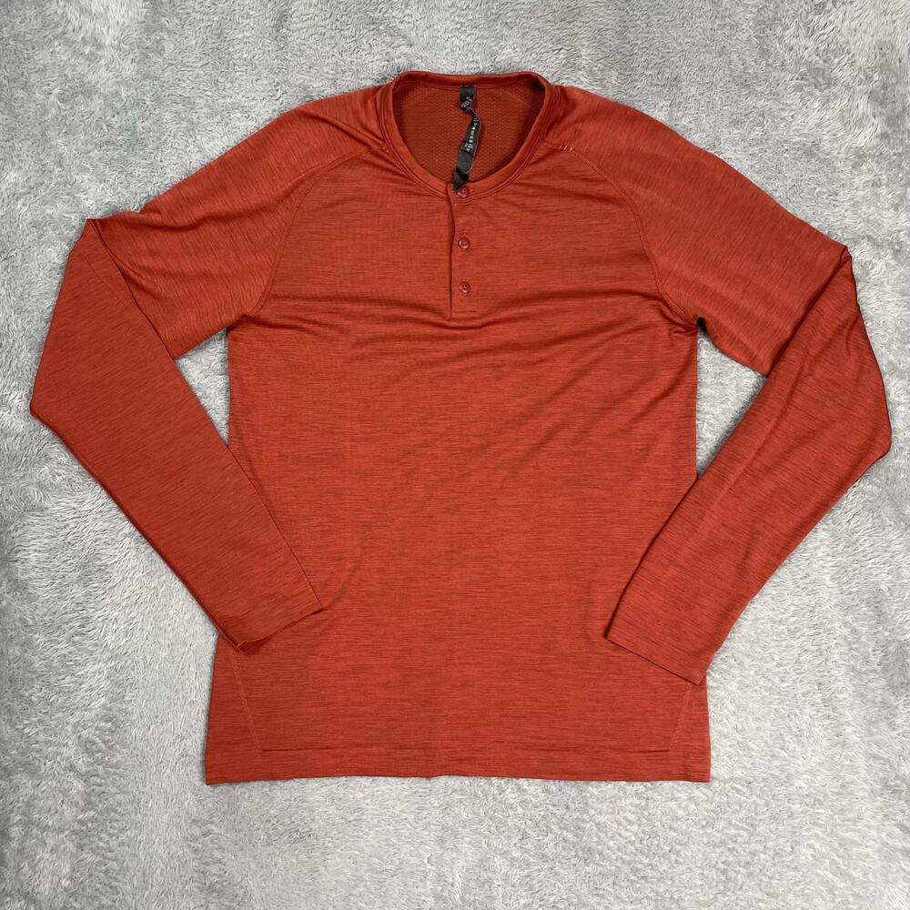 Lululemon Shirt Mens Medium Orange Metal Vent Henley Long Sleeve Athletic Top